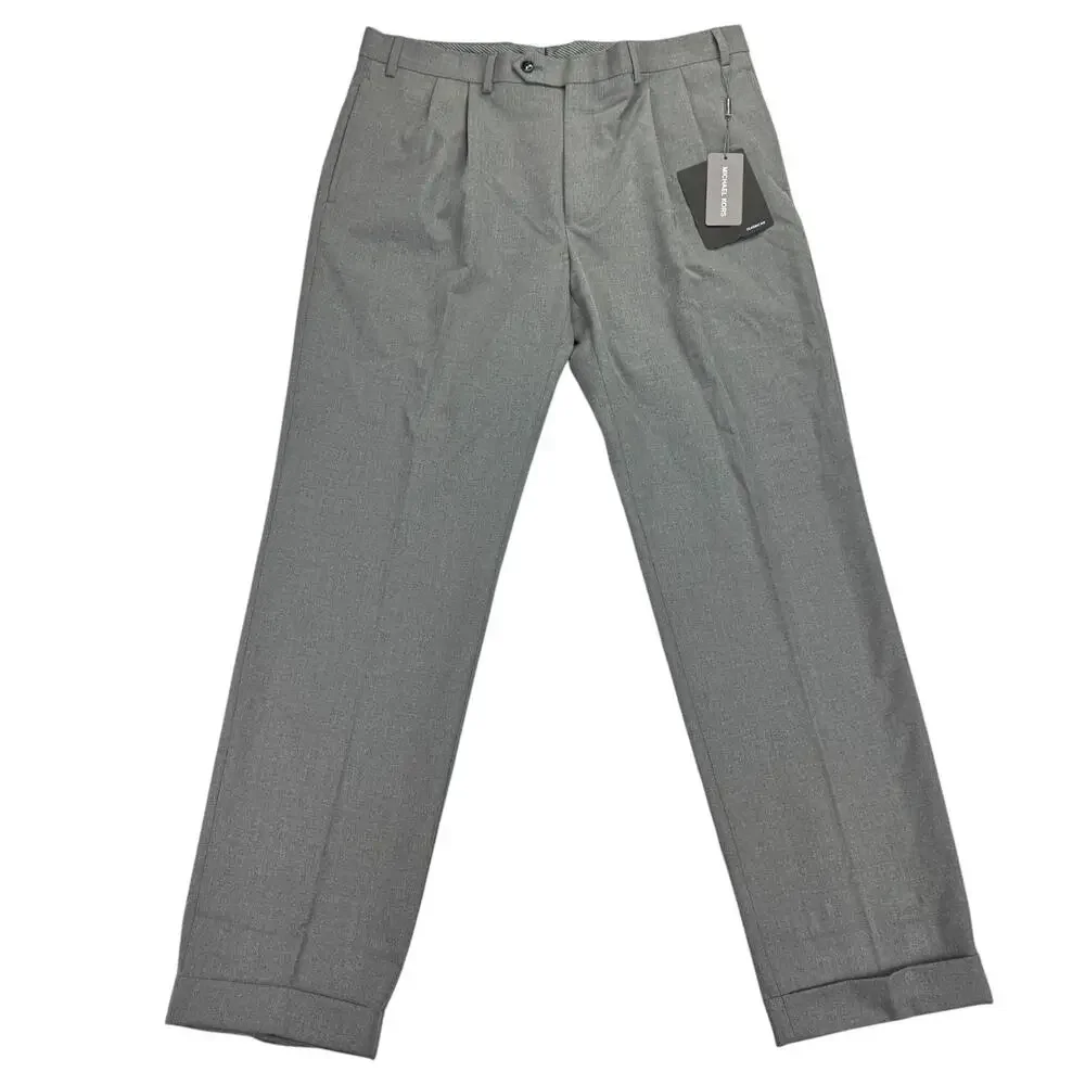 Michael Kors Mens Pleated Cuffed Solid Classic Fit Stretch Pants Gray 36x32
